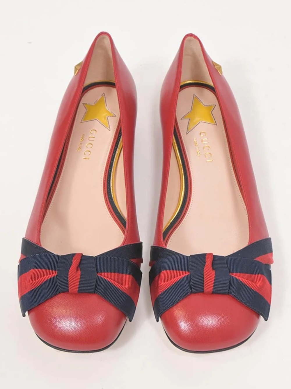 Gucci red leather bow ballet flats Red Navy Ribbon Authentic size 37.5 or 7.5